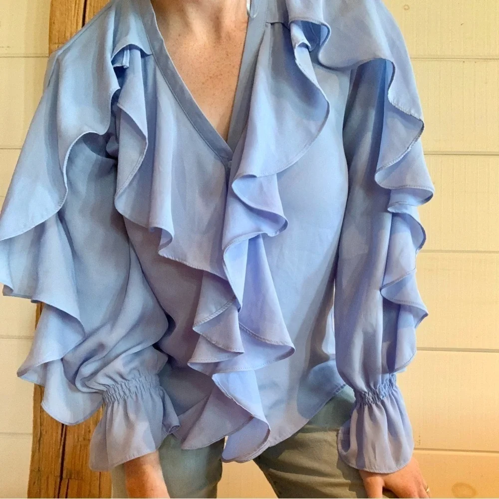 ZARA BLUE RUFFLED LONG SLEEVE BLOUSE - Picture 1 of 7